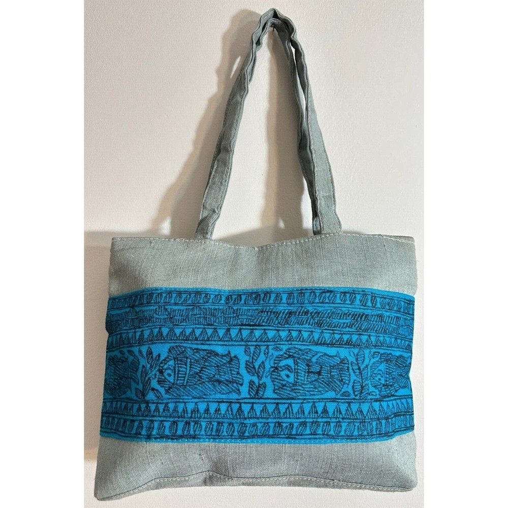 Ethnic Handpainted Jute Cotton Shoulder Bag Handmade Tote Bag Purse Blue Gray